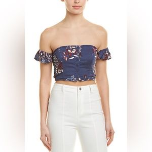 Sage the Label denim blue, floral print off-the-shoulder sleeve crop top XS
